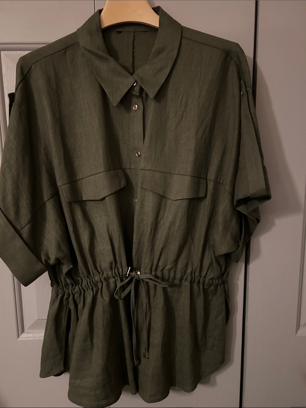 ZARA Olive Green Linen Drawstring Utility Blouse, sz L